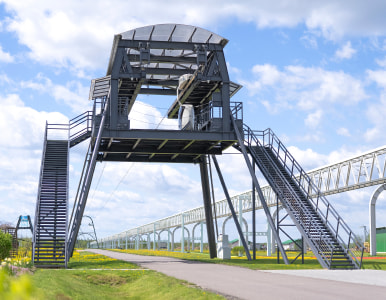 EcoTechnoPark, Maryina Gorka, 2020. Anchoring structure for the superlight string rail overpass EcoTechnoPark, Maryina Gorka, 2020. Anchoring structure for the superlight string rail overpass