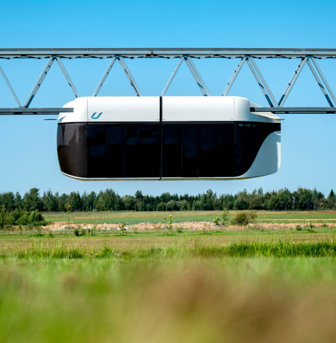 EcoTechnoPark, Maryina Gorka, 2020, uFlash (top) and uBus (bottom) on the truss-type string rail overpass EcoTechnoPark, Maryina Gorka, 2020, uFlash (top) and uBus (bottom) on the truss-type string rail overpass