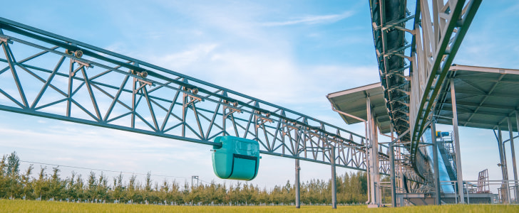 EcoTechnoPark, Maryina Gorka, 2019. uTruck on the cargo string rail overpass EcoTechnoPark, Maryina Gorka, 2019. uTruck on the cargo string rail overpass