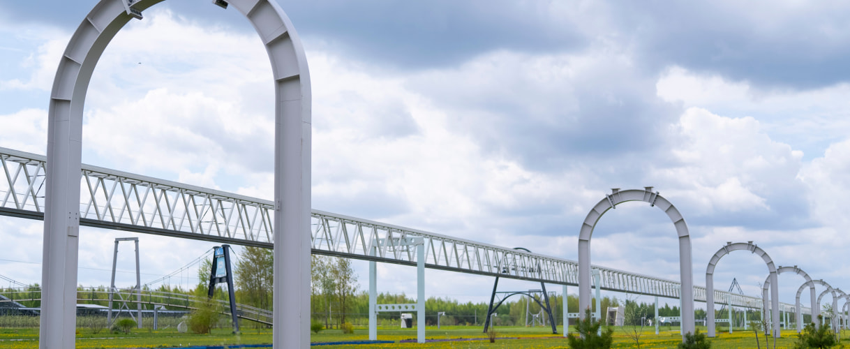 EcoTechnoPark, Maryina Gorka, 2022. Construction of the rigid heavy-duty string rail overpass EcoTechnoPark, Maryina Gorka, 2022. Construction of the rigid heavy-duty string rail overpass
