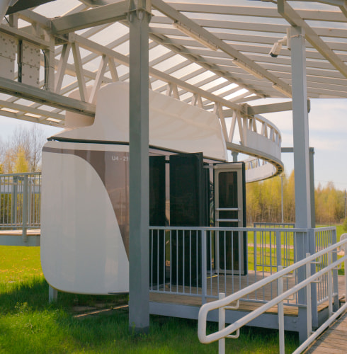 EcoTechnoPark, Maryina Gorka, 2022. uBus on the outdoor passenger station at the turnaround EcoTechnoPark, Maryina Gorka, 2022. uBus on the outdoor passenger station at the turnaround