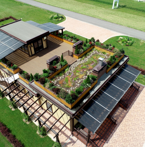 EcoTechnoPark, Maryina Gorka, 2019. The roofs of houses (attics) can be used to add greenhouses or to arrange small gardens EcoTechnoPark, Maryina Gorka, 2019. The roofs of houses (attics) can be used to add greenhouses or to arrange small gardens