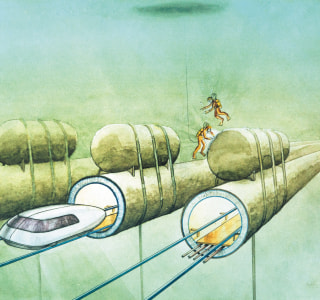 Forevacuum tube tunnel with zero buoyancy is located at a depth of 50 m. The illustration is painted with watercolor on paper Forevacuum tube tunnel with zero buoyancy is located at a depth of 50 m. The illustration is painted with watercolor on paper
