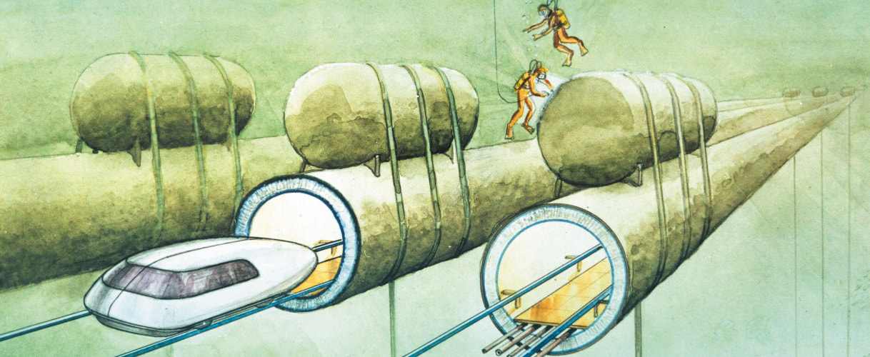 Forevacuum tube tunnel with zero buoyancy is located at a depth of 50 m. The illustration is painted with watercolor on paper Forevacuum tube tunnel with zero buoyancy is located at a depth of 50 m. The illustration is painted with watercolor on paper