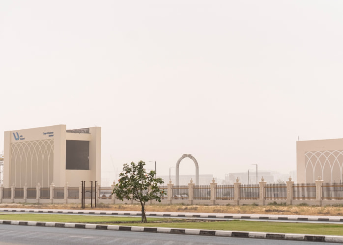 uSky Test & Certification Center, Sharjah (UAE), 2022. Supporting towers of the rigid heavy-duty string rail overpass uSky Test & Certification Center, Sharjah (UAE), 2022. Supporting towers of the rigid heavy-duty string rail overpass