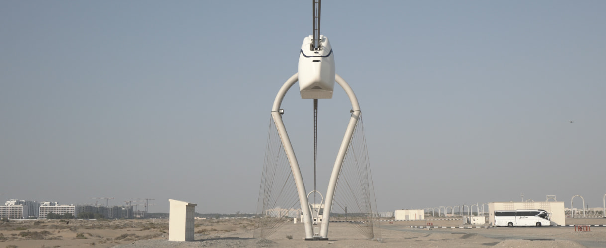 uSky Test & Certification Center, Sharjah (UAE), 2020. Tropical uCar passes through an supporting tower uSky Test & Certification Center, Sharjah (UAE), 2020. Tropical uCar passes through an supporting tower