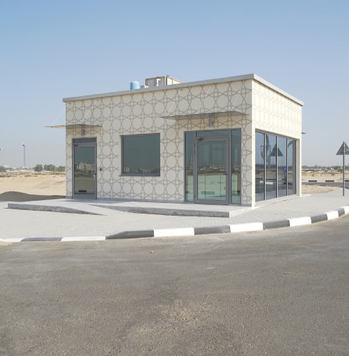 uSky Test and Certification Center, Sharjah (UAE), 2020. On the left – a checkpoint on the territory of the Center, on the right – a uСont in a tropical design left the cargo and passenger terminal uSky Test and Certification Center, Sharjah (UAE), 2020. On the left – a checkpoint on the territory of the Center, on the right – a uСont in a tropical design left the cargo and passenger terminal